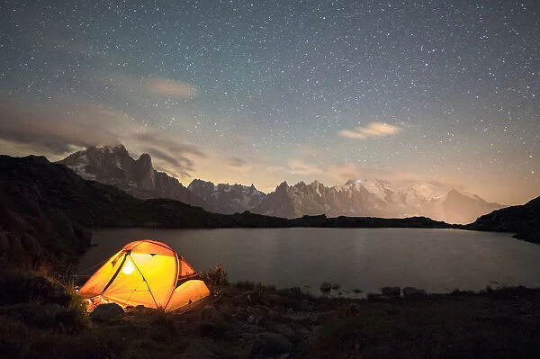 The night in the tent in front of Mont Blanc from Lac de Chesery, Haute Savoie, France