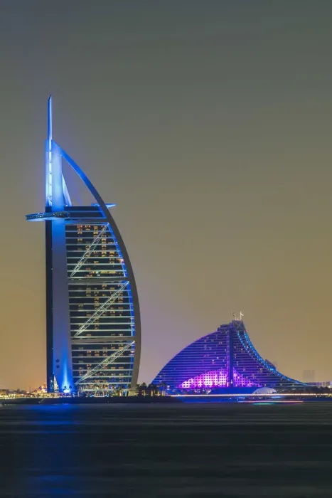 Framed Print : Night view of Burj al Arab and Jumeirah Beach Hotel, Dubai, United Arab Emirates Framed Print : Night view of Burj al Arab and Jumeirah Beach Hotel, Dubai, United Arab Emirates