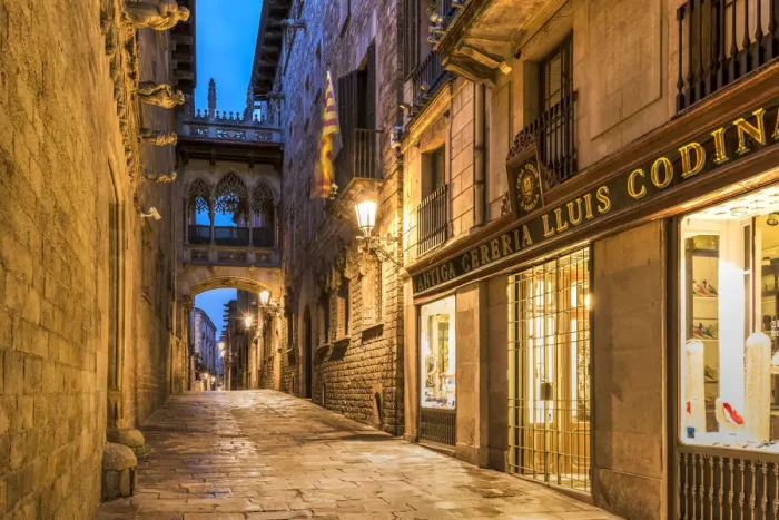 Framed Print : Night view of Carrer del Bisbe street with the picturesque Pont del Bisbe bridge Framed Print : Night view of Carrer del Bisbe street with the picturesque Pont del Bisbe bridge