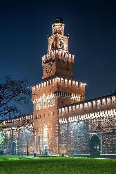 Night view of Castello Sforzesco (Sforza's Castle), Milan, Lombardy, Italy
