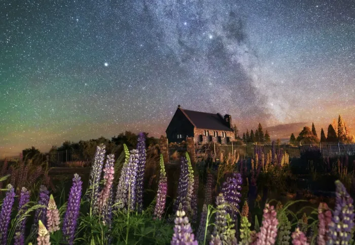 Framed Print : Night view of the Church of the Good Shepherd by Tekapo Lake with lupins in bloom Framed Print : Night view of the Church of the Good Shepherd by Tekapo Lake with lupins in bloom