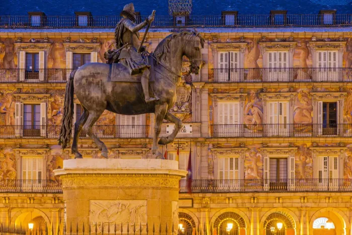Framed Print : Night view of the equestrian statue of Philip III or Felipe III, Plaza Mayor, Madrid Framed Print : Night view of the equestrian statue of Philip III or Felipe III, Plaza Mayor, Madrid