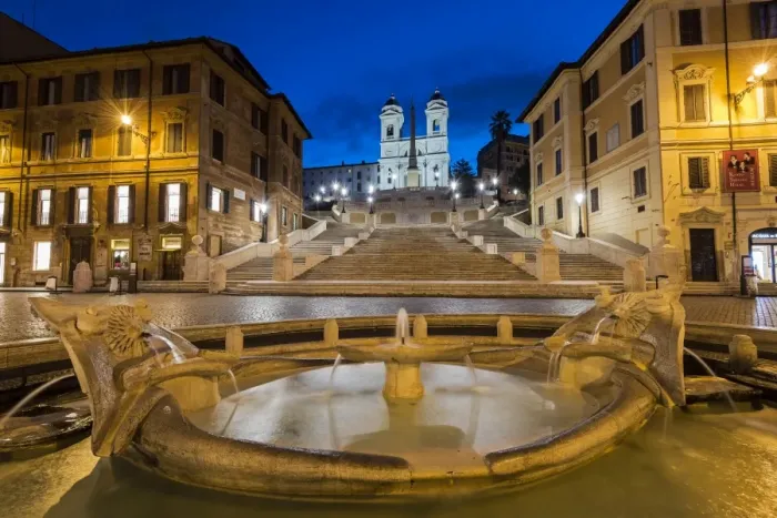 Framed Print : Night view of Fontana della Barcaccia and Spanish Steps, Piazza di Spagna, Rome, Lazio
