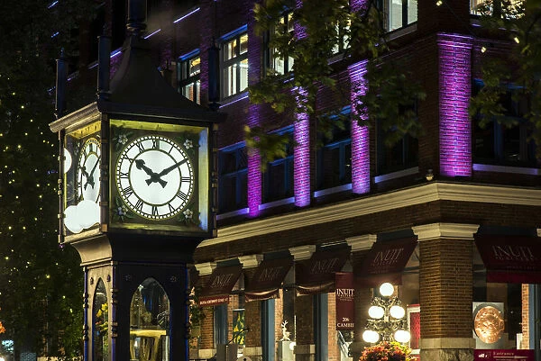 Night view of Gastown steam clock, Vancouver, British Columbia, Canada