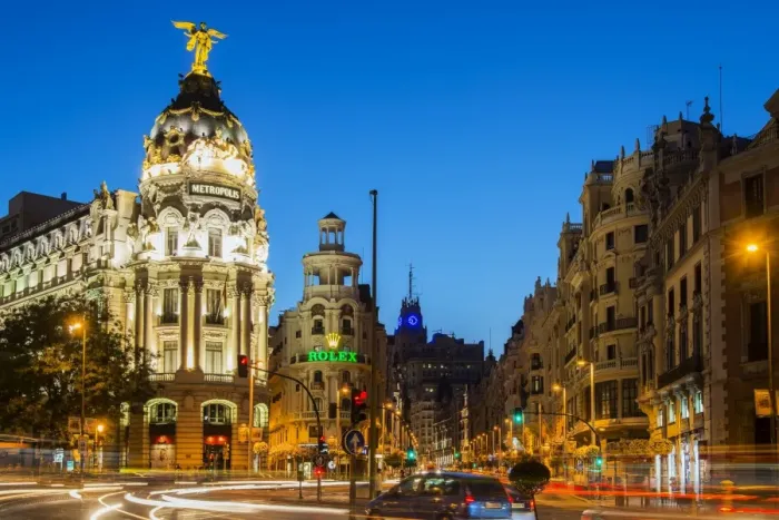 Framed Print : Night view of Gran Via street and Metropolis Building with car light trails, Madrid Framed Print : Night view of Gran Via street and Metropolis Building with car light trails, Madrid