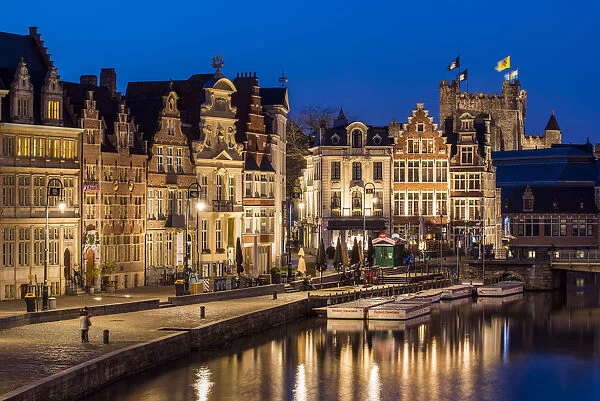 Night view of guild houses along Korenlei quay, Ghent, East Flanders, Belgium