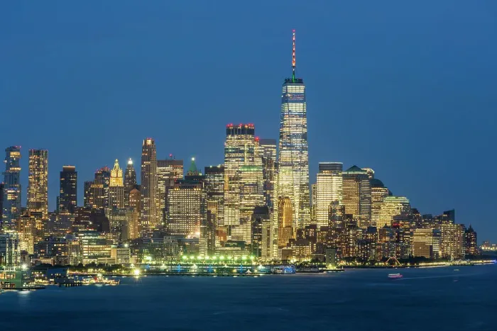 Framed Print : Night view of Lower Manhattan skyline, New York, USA
