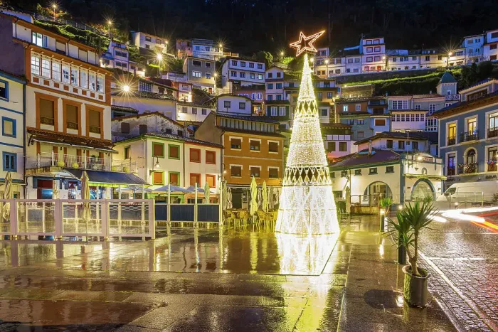 Framed Print : Night view of the main square adorned with Christmas tree, Cudillero, Asturias, Spain Framed Print : Night view of the main square adorned with Christmas tree, Cudillero, Asturias, Spain
