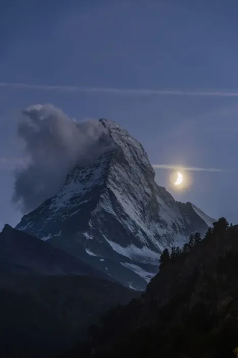 Framed Print : Night view of Matterhorn with crescent moon, Zermatt, Valais, Switzerland Framed Print : Night view of Matterhorn with crescent moon, Zermatt, Valais, Switzerland