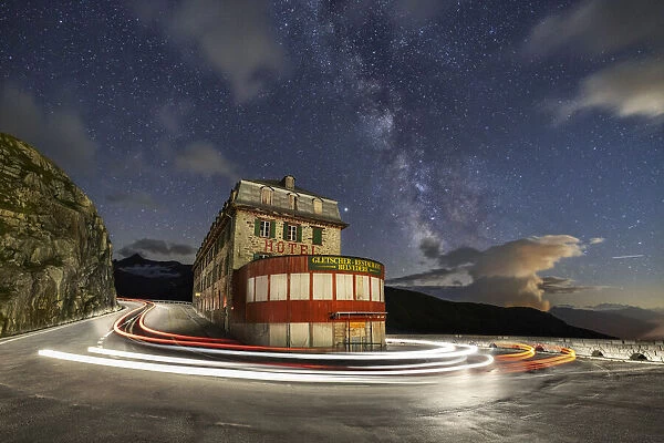 Night view with milkyway of Hotel Belvedere and Furkapass during summer, Oberalp, Valais