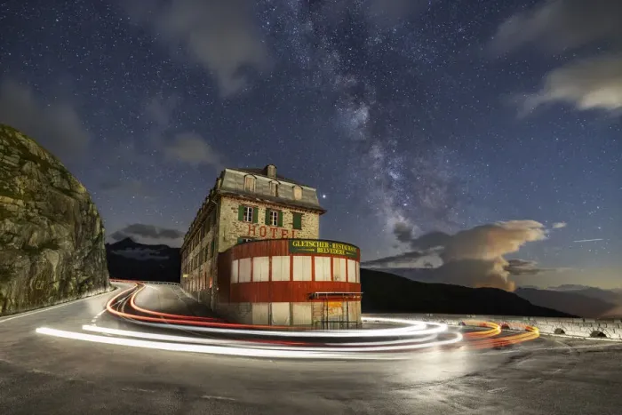 Framed Print : Night view with milkyway of Hotel Belvedere and Furkapass during summer, Oberalp, Valais Framed Print : Night view with milkyway of Hotel Belvedere and Furkapass during summer, Oberalp, Valais