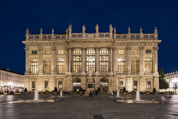 Night view of Palazzo Madama, first Senate of the Italian Kingdom, Turin, Piedmont, Italy
