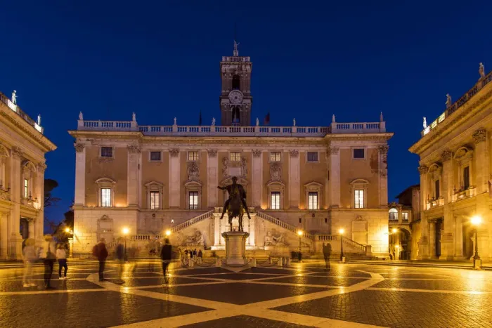 Framed Print : Night view of Piazza del Campidoglio with Palazzo Senatorio and the replica of Framed Print : Night view of Piazza del Campidoglio with Palazzo Senatorio and the replica of