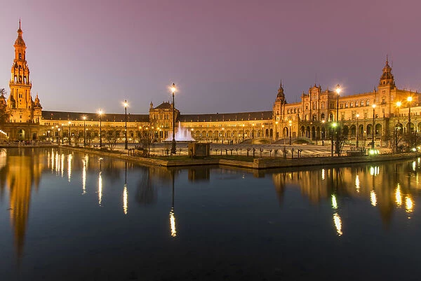 Night view of Plaza de Espana, Seville, Andalusia, Spain