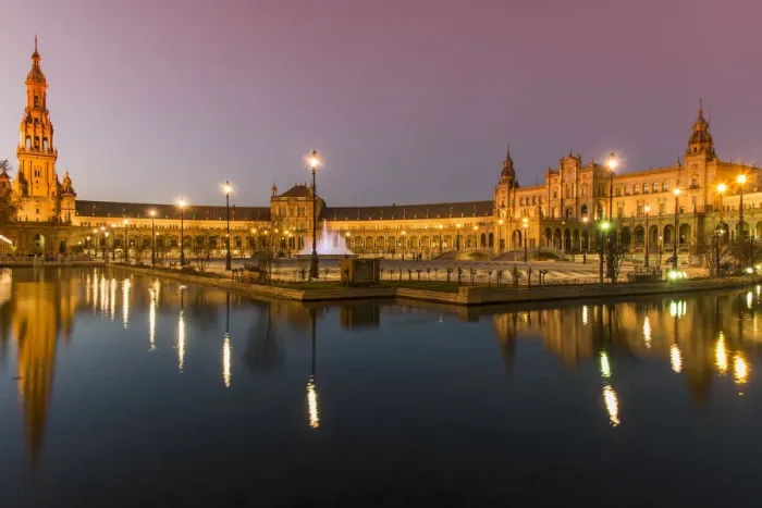 Framed Print : Night view of Plaza de Espana, Seville, Andalusia, Spain
