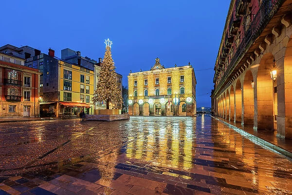 Night view of Plaza Mayor decorated with Christmas lights, Gijon, Asturias, Spain