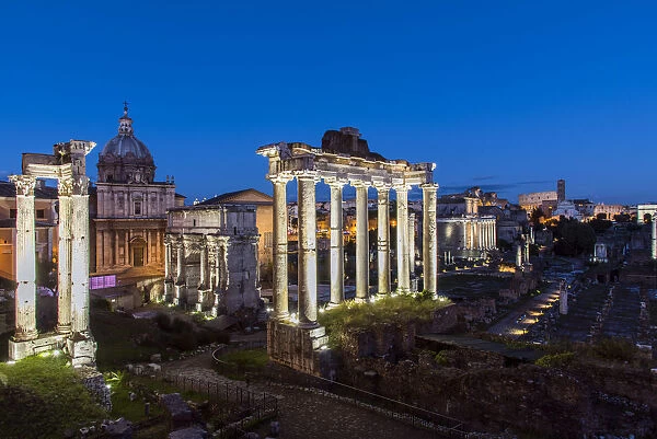 Night view of the Roman Forum, Rome, Lazio, Italy