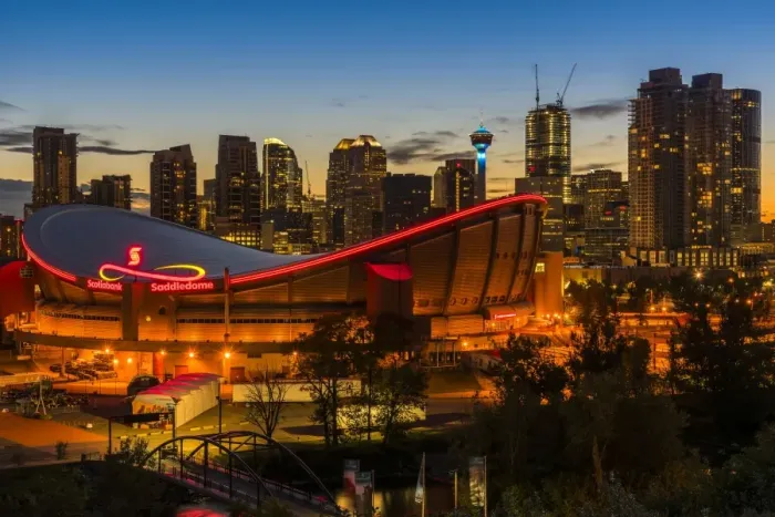 Framed Print : Night view of Saddledome stadium and city skyline, Calgary, Alberta, Canada Framed Print : Night view of Saddledome stadium and city skyline, Calgary, Alberta, Canada
