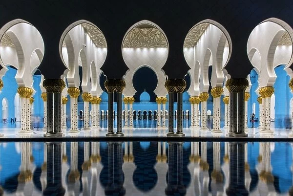 Night view of Sheikh Zayed Mosque reflected in the pool, Abu Dhabi, United Arab Emirates