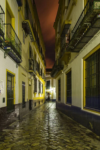 Night view of an empty street in Barrio Santa Cruz, Seville, Andalusia, Spain