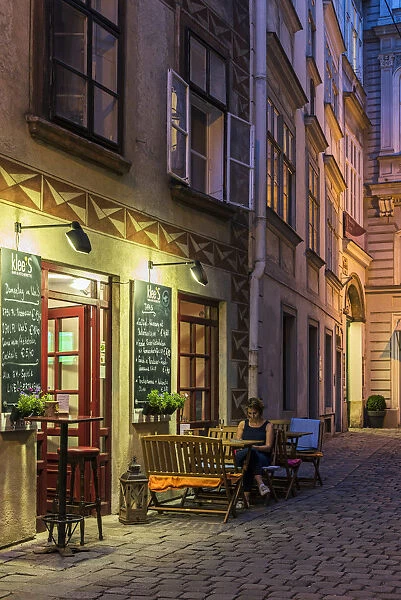 Night view of a street in the historic centre, Vienna, Austria