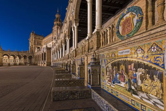 Framed Print : Night view of the tiled Province Alcoves along the walls of the Plaza de Espana, Seville