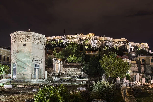 Night view of Tower of the Winds with Acropolis behind, Athens, Attica, Greece