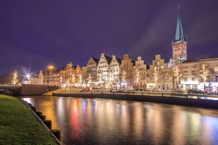 Framed Print : Night view of typical houses and the cathedral reflected in river Trave Lubeck Schleswig Framed Print : Night view of typical houses and the cathedral reflected in river Trave Lubeck Schleswig