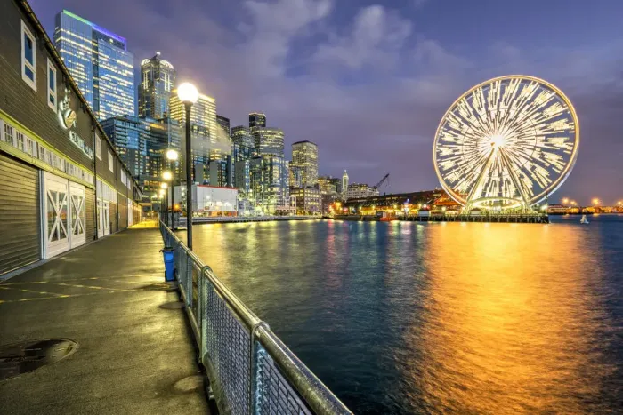 Framed Print : Night view of waterfront and ferris wheel, Seattle, Washington, USA