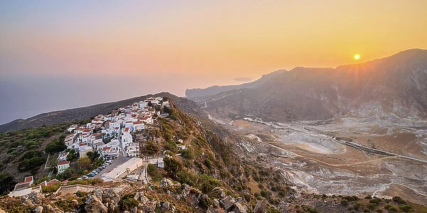 Nikia Village and Stefanos Volcano Crater at sunset, elevated view, Nisyros Island, Dodecanese, Greece