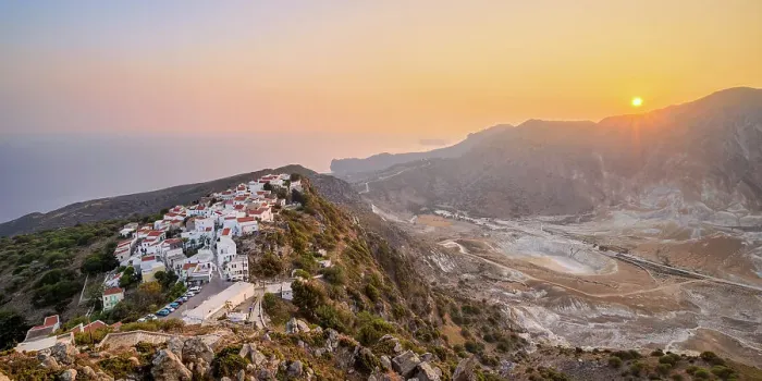 Framed Print : Nikia Village and Stefanos Volcano Crater at sunset, elevated view, Nisyros Island, Dodecanese, Greece Framed Print : Nikia Village and Stefanos Volcano Crater at sunset, elevated view, Nisyros Island, Dodecanese, Greece
