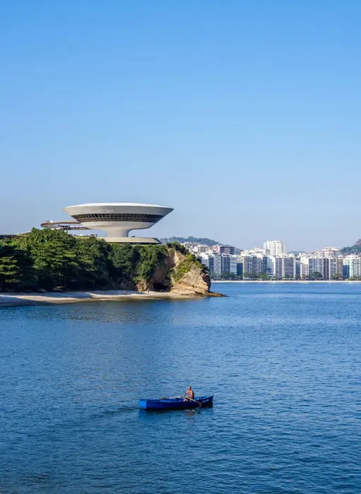 Framed Print : Niteroi Contemporary Art Museum MAC with Icarai Neighbourhood in the background, Niteroi