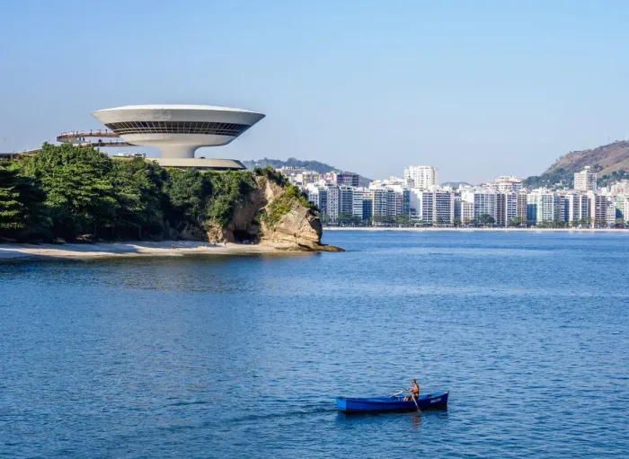 Framed Print : Niteroi Contemporary Art Museum MAC with Icarai Neighbourhood in the background, Niteroi Framed Print : Niteroi Contemporary Art Museum MAC with Icarai Neighbourhood in the background, Niteroi