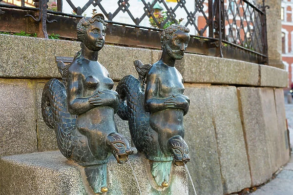 Detail of Nix and Nixe (Nix und Nixe) sculpture at Wasserkunst, Old Town, Wismar, UNESCO, Nordwestmecklenburg, Mecklenburg-Western Pomerania, Germany