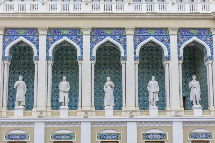 Framed Print : Nizami Museum of Azerbaijani Literature, statues of famous Azerbaijani writers, Baku
