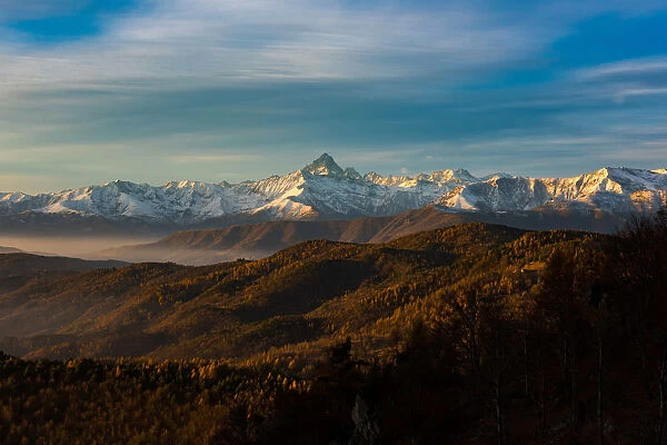 Noce valley, Turin Province, Piedmont, Italy. Sunrise at Colle Sperina