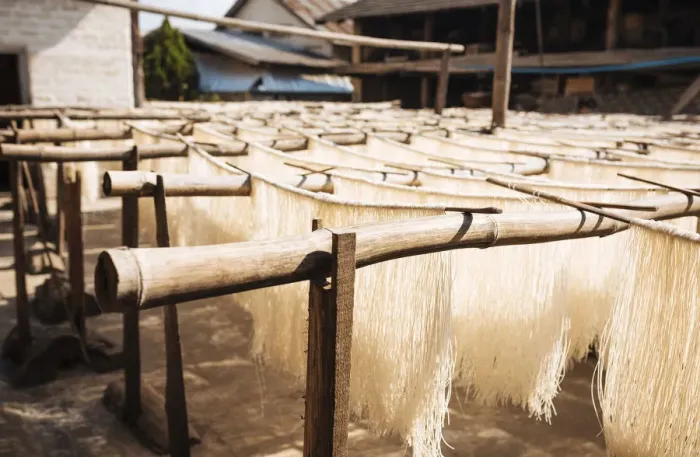 Framed Print : Noodles hanging to dry, Hsipaw, Shan State, Myanmar, Asia