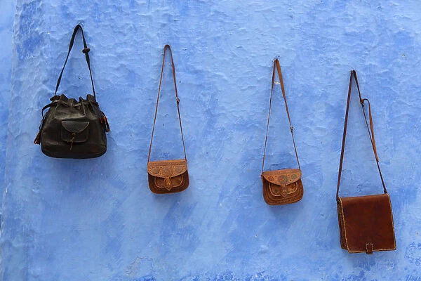 North Africa, Morocco, Chefchaouen district. Handbags for sale