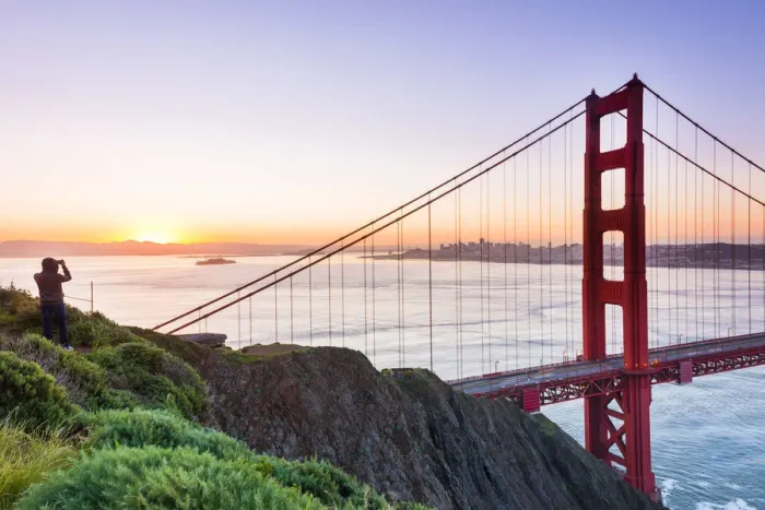 Framed Print : North America, USA, America, California, San Francisco, man taking a picture at sunrise Framed Print : North America, USA, America, California, San Francisco, man taking a picture at sunrise