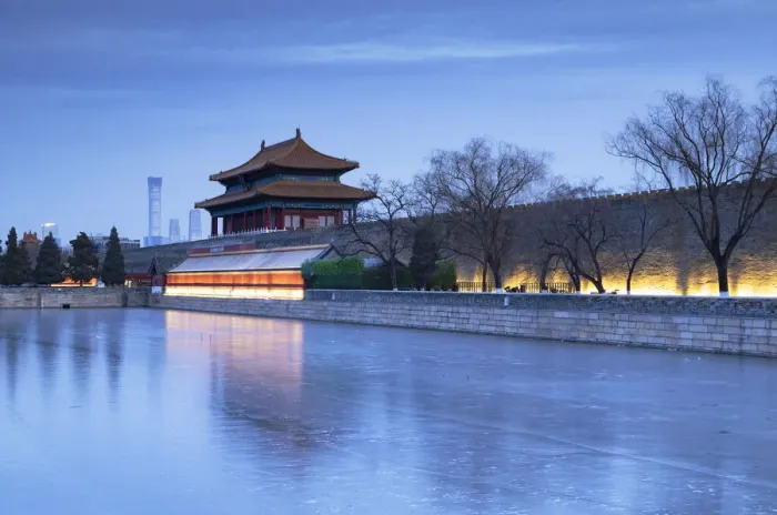 Framed Print : North Gate and moat of Forbidden City at dusk with CITIC Tower in background, Beijing Framed Print : North Gate and moat of Forbidden City at dusk with CITIC Tower in background, Beijing