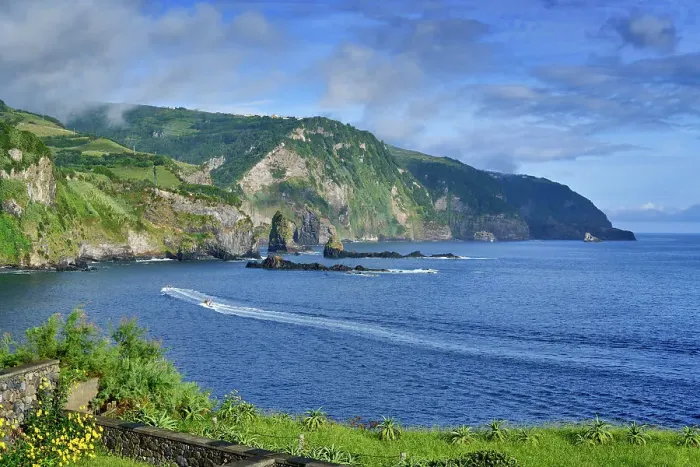 Framed Print : The northeast coast of Flores island on a stormy day. Azores islands, Portugal