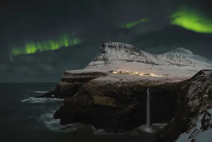 Framed Print : Norther lights dancing above the village of Gasadalur. Island of Vagar. Faroe Islands Framed Print : Norther lights dancing above the village of Gasadalur. Island of Vagar. Faroe Islands