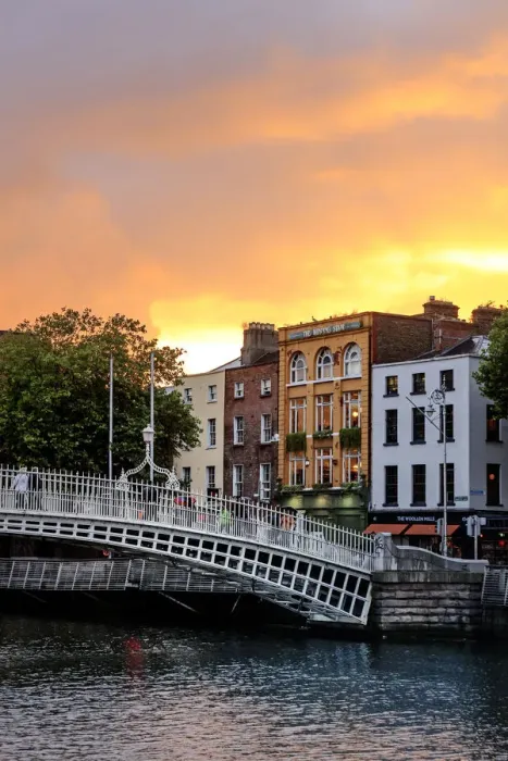 Framed Print : Northern Europe; Dublin, Halfpenny bridge and Liffey river at sunset