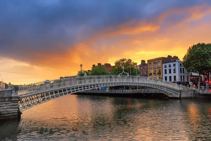 Framed Print : Northern Europe; Dublin, Halfpenny bridge and Liffey river at sunset