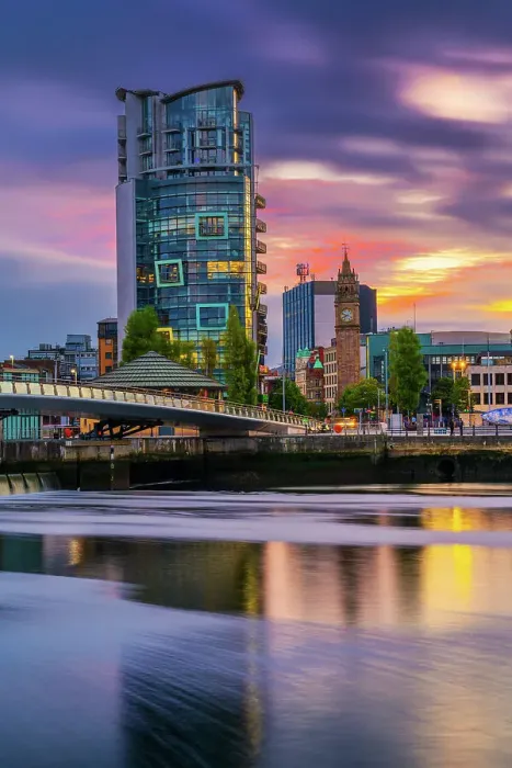 Framed Print : Northern Ireland, County Antrim, Belfast, City skline on Lagan River illuminated at night Framed Print : Northern Ireland, County Antrim, Belfast, City skline on Lagan River illuminated at night