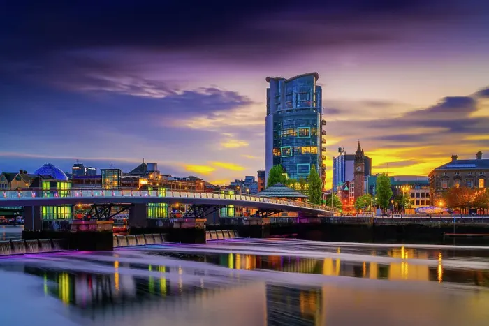 Framed Print : Northern Ireland, County Antrim, Belfast, City skline on Lagan River illuminated at night Framed Print : Northern Ireland, County Antrim, Belfast, City skline on Lagan River illuminated at night