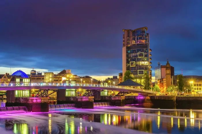 Framed Print : Northern Ireland, County Antrim, Belfast, City skline on Lagan River illuminated at night Framed Print : Northern Ireland, County Antrim, Belfast, City skline on Lagan River illuminated at night