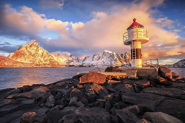 northern lighthouse in a sunrise, lofoten, Norway