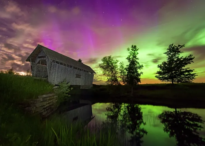 Framed Print : Northern Lights over the A.M. Foster Bridge, Green Mountains, Cabot, Vermont, USA Framed Print : Northern Lights over the A.M. Foster Bridge, Green Mountains, Cabot, Vermont, USA