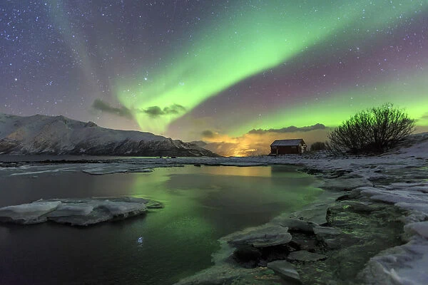 The Northern Lights illuminates the icy landscape in Svensby Lyngen Alps Tromsa¸ Lapland Norway Europe